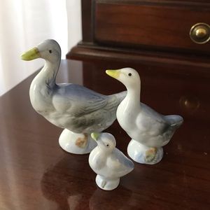 Three tiny cute vintage porcelain ceramic pottery geese blue white yellow tones